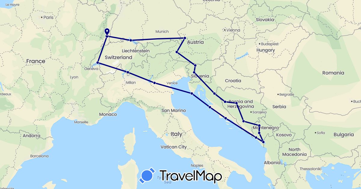 TravelMap itinerary: driving in Austria, Bosnia and Herzegovina, Switzerland, Germany, France, Croatia, Italy, Montenegro, Slovenia (Europe)